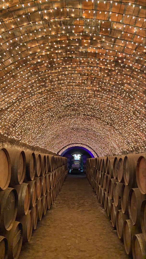 Cava de tequila iluminada y rodeada de barricas